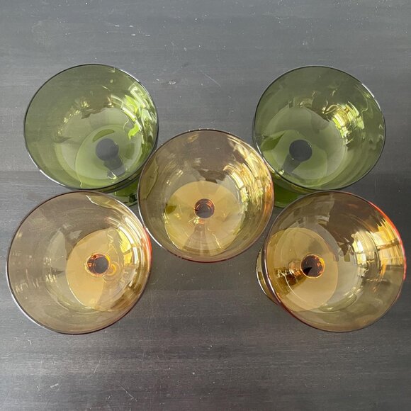 Vintage Coupe Cocktail Glasses // Set of 5 Green and Amber Glass - Picture 3 of 5